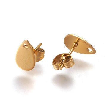 E555 - 10 pcs (5 pairs) 304 Stainless Steel Teardrop Earring Posts/Bases/Studs/Settings with Backs - 10mm x 6mm - Hole for Dangles - Golden