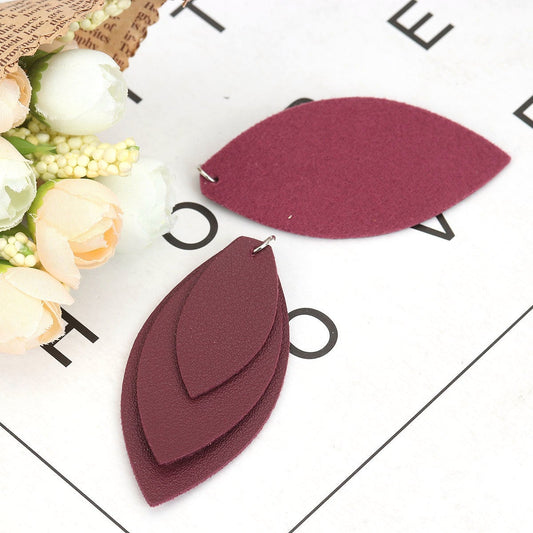 P901 - 10 pcs. Burgundy Purple Faux Leather Dangle Charms Pendants - Leaf - Triple Layer - 71mm (2.8") - Great for Light Earrings or Dangles