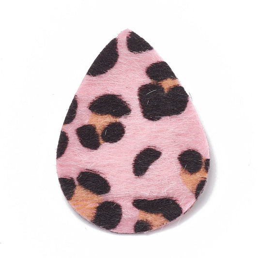 P252 - 10 pcs. Pink Leopard Faux Fur Leather Dangle Charms Pendants - Teardrop - 55mm (2.17") - Great for Light Earrings or Dangles! Double-Sided
