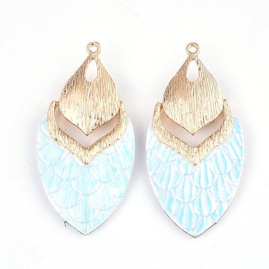 MP0005 - 10 pcs. Metal and Faux Leather Dangle Charms Pendants - Light Blue - Gold Hardware - 61mm (2.4")