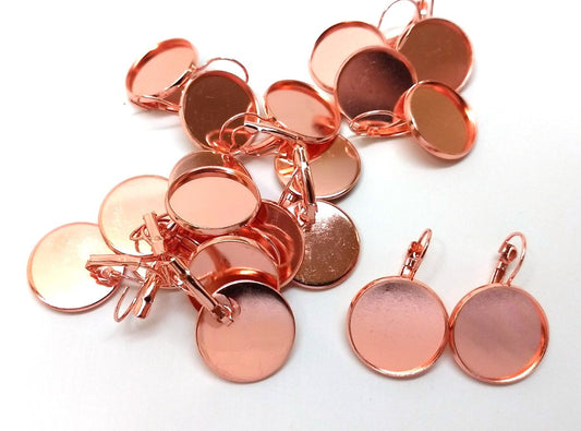 E428 - 10 pcs. Rose Gold Plated Earring Clips Settings Lever Back Bezels Cabochons - 20mm Glue Pad Setting