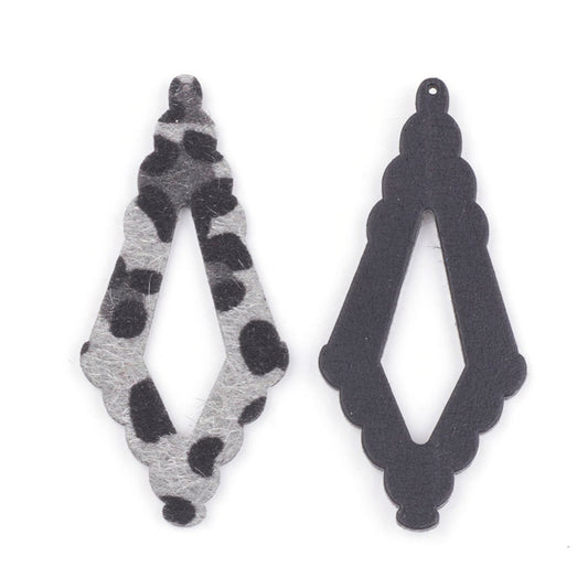 P2073 - 10 pcs. Gray Leopard Faux Fur Leather Dangle Charms Pendants - Rhombus - 74mm (2.91") - Great for Light Earrings or Dangles! Black Back