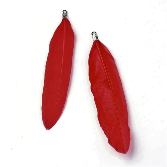 P384 - 10 pcs Red Dangle Charms Pendants - Feather - Silver Tone Crimps - 75mm (2.95") - Great for Light Earrings or Dangles!