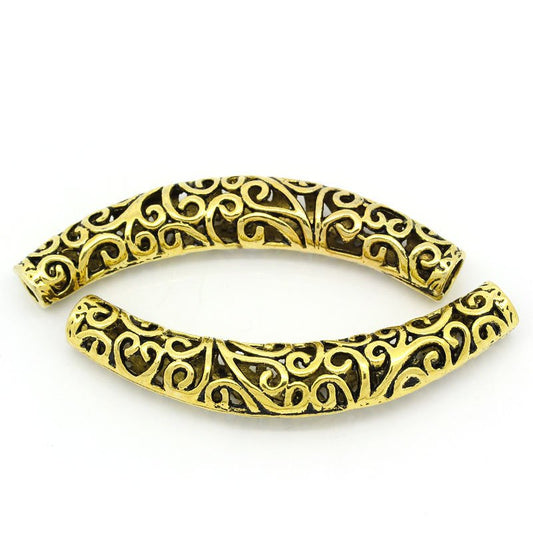 BD487 - 5 pcs. Antique Gold Noodle Carved Hollow Filigree Pattern Tube Extra Long Curved Beads - 66mm x 12mm (2 5/8" x 1/2")
