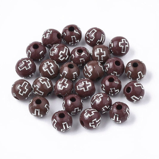 AC0006 - 100 pcs Dark Brown Acrylic Round Spacer Beads - 8mm (5/16") - Silver Cross Design - Hole Size: 2mm