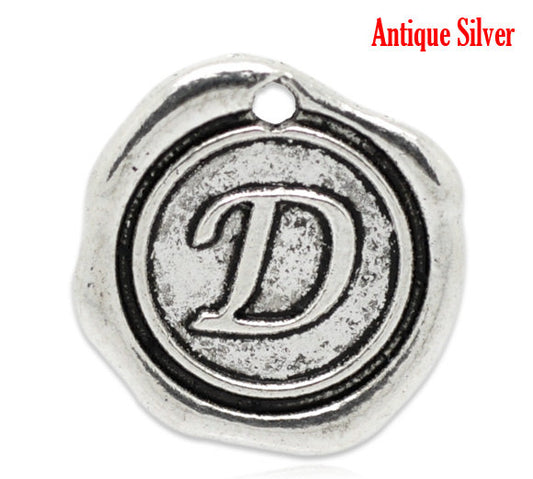 P112 - 5pcs. Antique Silver LARGE Letter "D" Alphabet Letter - 18mm x18mm - Wax Design