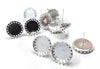 E464 - 10 pcs. Silver Plated Earring Posts Studs Settings Bezels Cabochons Tacks - Bubble Style - 12mm Glue Pad Setting - Includes Rubber Stoppers