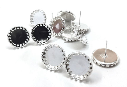 E464 - 10 pcs. Silver Plated Earring Posts Studs Settings Bezels Cabochons Tacks - Bubble Style - 12mm Glue Pad Setting - Includes Rubber Stoppers