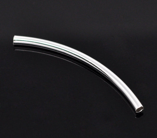 BD726 - 100 pcs. Silver Plated Noodle Tube Long Thin Smooth Curved Beads - 50mm x 3mm (2" x 0.12") - Made of Copper! High Quality! Hole Size: 2.4mm