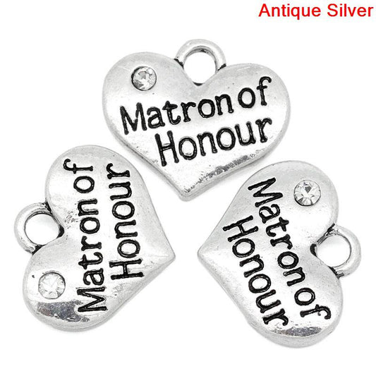 P047 - 2 pcs. Antique Silver "Matron of Honour" charm with rhinestone - 16mm X 14mm