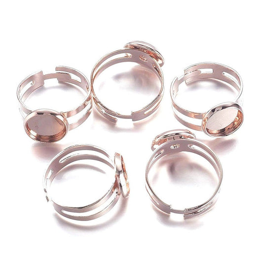 RB028 - 10 pcs. Rose Gold Plated ADJUSTABLE Cabochon Setting Bezel RING bases settings - Ring Size 7.5 US - Glue Pad 10mm - Made of Brass!