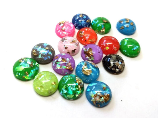 CA380 - 10 pcs Resin Round Embellishment Circle Cabochons Metal Foil - Assortment - 12mm - Multi-Color Glitter