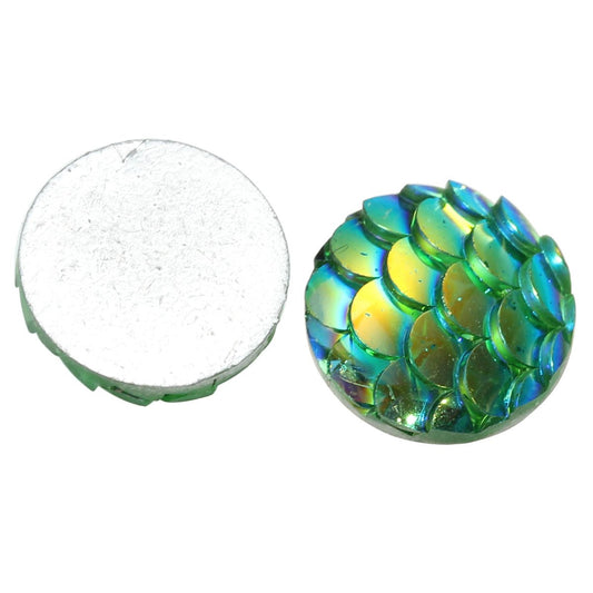 CA388 - 10 pcs Mermaid Fish Scales Resin Carved Embellishment Cabochons Green AB - 14mm (0.55 in)
