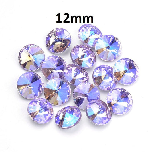 CA907 - 10 pcs. Glass Rhinestone Faceted Rhinestone Cabochons - Glass Pointed Back - 12mm - Multicolor - Purple