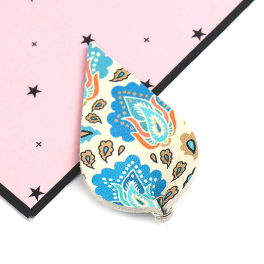 P2097 - 10 pcs. Paisley Pattern Faux Leather Dangle Charms Pendants - Pinch Leaf - Blue Orange - Silver Tone Jump Ring - 62mm (2.5") - Double Sided