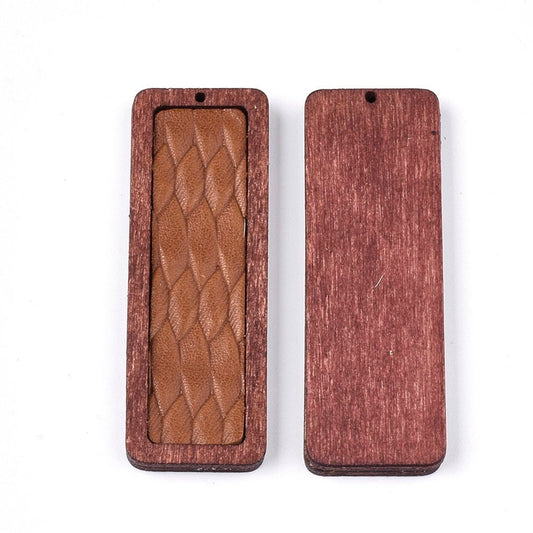 P2099 - 4 pcs. Brown REAL Leather Cowhide over Wood Dangle Pendants - Rattan - Rectangle - 56mm (2.2") - Great for Earrings or Dangles!