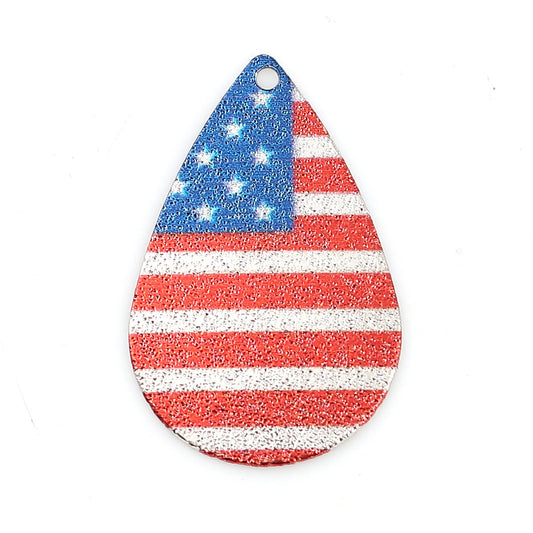 P638 - 10 pcs Silver Tone Multicolor Teardrop Metal Enamel Dangle Charms Pendants - 28mm x 18mm - 1.1" - USA American Flag - For Earrings, Dangles
