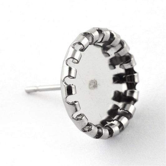 E879 - 10 pcs. 304 Stainless Steel Earring Posts Studs Settings Bezels Cabochons Tacks - 10mm Glue Pad Setting - Bubble Frame
