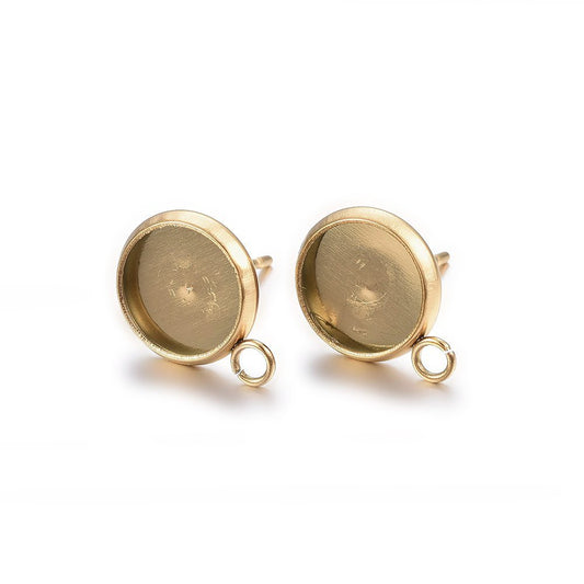 E378 - 10 pcs. 304 Stainless Steel Golden Earring Posts Studs Settings Bezels Cabochons Tacks with Loop - 6mm Glue Pad Setting - Parallel Loop