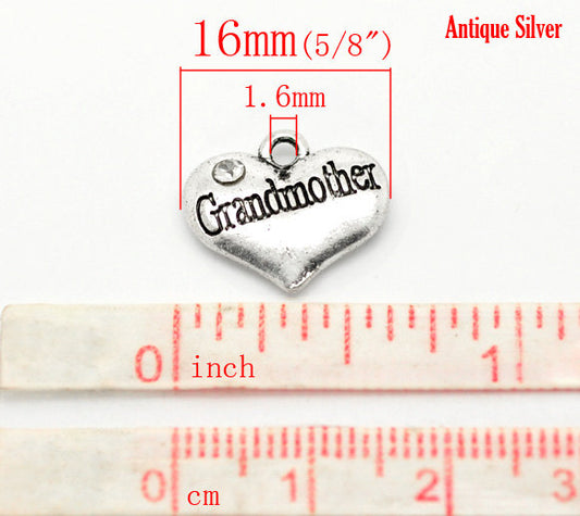 P069 - 4 pcs. Antique Silver "Grandmother" charm with rhinestone - 16mm X 14mm