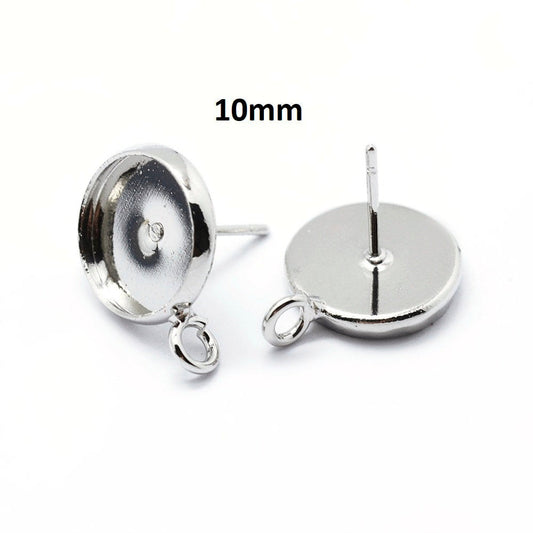 E391 - 10 pcs. Silver Tone Earring Posts Studs Settings Bezels Cabochons Tacks with Loop - 10mm Glue Pad Setting - Perpendicular Loop