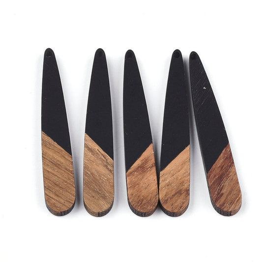 MP0013 - 4 pcs. Black Resin and Wood Teardrop Flat Pendant - 44mm x 8mm - (1.73" x 0.32") - Great for Earrings and Necklaces!