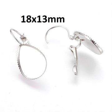 E569 - 10 pcs. Silver Tone Earring Clips Settings Lever Back Bezels - 18mm x 13mm Glue Pad Setting - Teardrop - 18x13mm - 13x18mm - Made of Copper