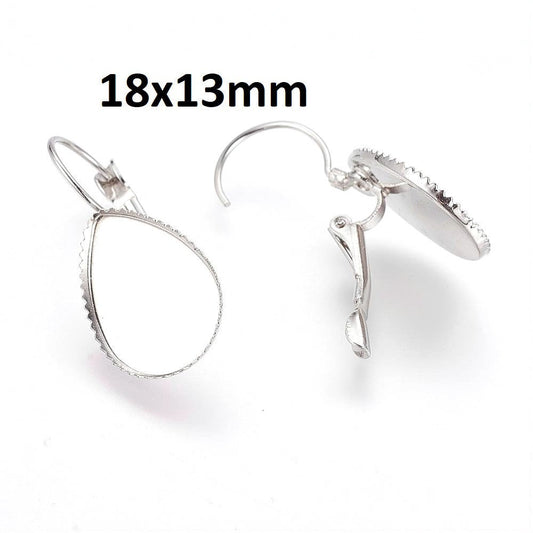 E569 - 10 pcs. Silver Tone Earring Clips Settings Lever Back Bezels - 18mm x 13mm Glue Pad Setting - Teardrop - 18x13mm - 13x18mm - Made of Copper