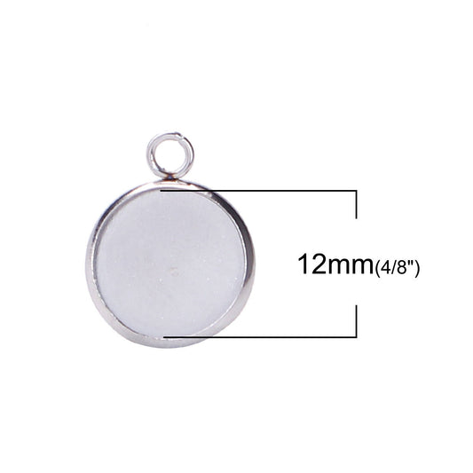 E118 - 10 pcs. 304 Stainless Steel Silver Earring Posts Studs Settings Bezels Cabochons Tacks with Loop - 12mm Glue Pad Setting - Parallel Loop