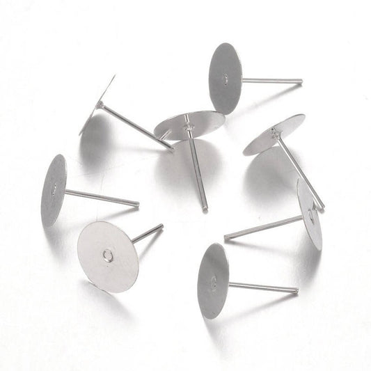 E196 - 100 pcs. (50 pairs) Silver Plated Earring Posts/Bases/Studs/Settings with Rubber Backs - 12mm x 10mm - 10mm Glue Pad
