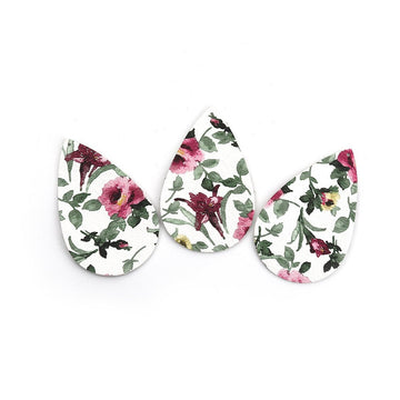 P864 - 10 pcs. White and Pink Floral Faux Leather Dangle Charms Pendants - Teardrop - 56mm (2.2") - Double Sided - Great for Earrings, Necklaces or Dangles