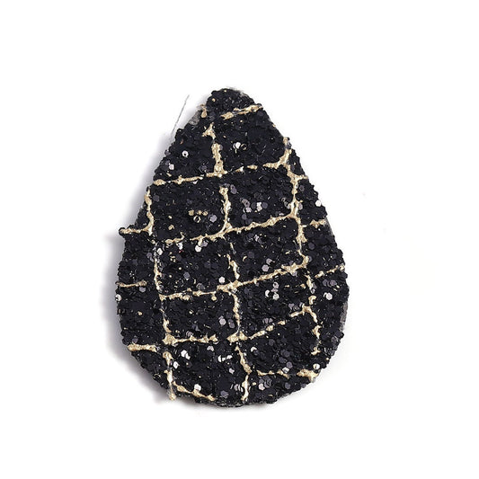 P2074 - 10 pcs. Black with Gold Squares Glitter Faux Leather Dangle Charms Pendants - Teardrop - 56mm (2.2") - Great for Earrings! Double-Sided