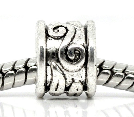 BD488 - 50 pcs. Antique Silver Pattern Tibetan Swirls Tube European Spacers - 9mm x 7mm