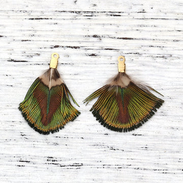 E762 - 5 pcs Peacock Multicolor Dangle Charms Pendants - Feather - Gold Crimps - 25mm (1") - Great for Large Earrings, Necklaces or Dangles!