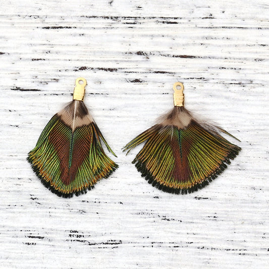 E762 - 5 pcs Peacock Multicolor Dangle Charms Pendants - Feather - Gold Crimps - 25mm (1") - Great for Large Earrings, Necklaces or Dangles!