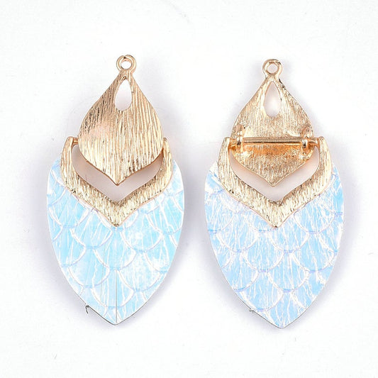 MP0005 - 10 pcs. Metal and Faux Leather Dangle Charms Pendants - Light Blue - Gold Hardware - 61mm (2.4")
