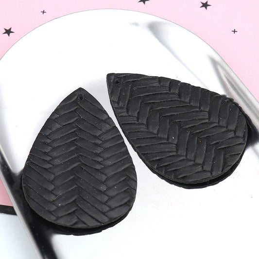P1072 - 10 pcs Black Faux Leather Dangle Charms Pendants - Teardrop Braided Weave - 56mm (2.2") - Great for Light Earrings or Dangles! Double-Sided
