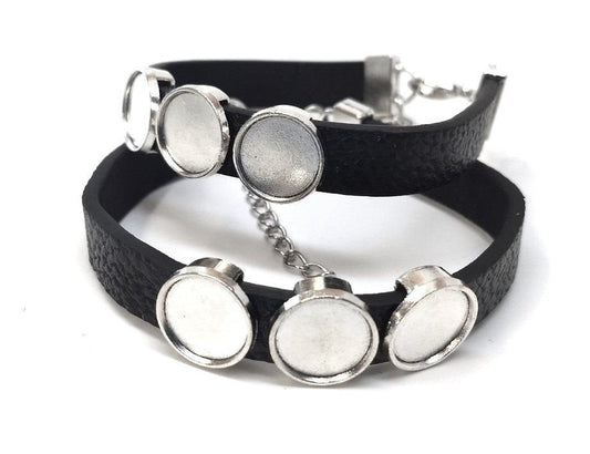B066 - 2 pcs. Black Faux Leather Bracelets with 12mm Glue Pad Bezel Trays and Extender Chains - Adjustable from 7" to 9" - 3 Settings