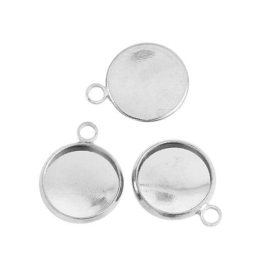 P1111 - 10 pcs. Silver Plated Circle Round Bezel Cabochon Pendant Tags Trays - 12mm Glue Pad - 18x14mm - Single Loop
