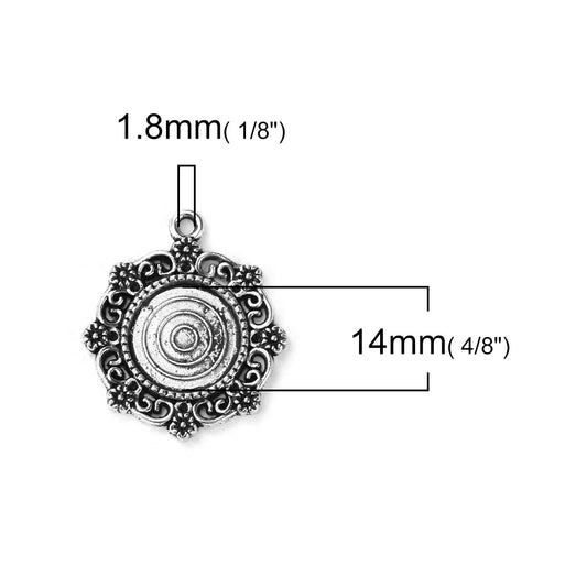 P385 - 10 pcs. Antique Silver Tone Circle Round Bezel Cabochon Pendant Tags Trays - 14mm Glue Pad - Flower Filigree Design
