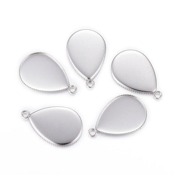 P2026 - 10 pcs. 304 Stainless Steel Teardrop Bezel Cabochon Pendant Tags Trays - 18mm x 13mm Glue Pad - Setting - Hypoallergenic! Tarnish Resistant!