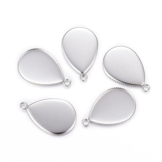 P2026 - 10 pcs. 304 Stainless Steel Teardrop Bezel Cabochon Pendant Tags Trays - 18mm x 13mm Glue Pad - Setting - Hypoallergenic! Tarnish Resistant!