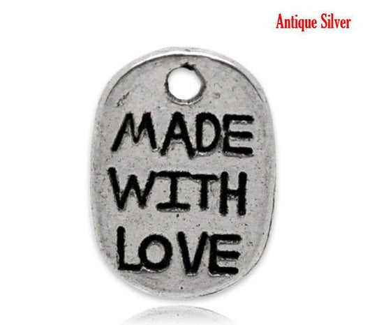 P2033 - 100 pcs. Antique Silver Oval Rectangle Charms Pendants - Made with Love - 11x8mm