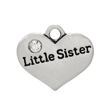 P048 - 4 pcs. Antique Silver "Little Sister" charm with rhinestone - 17mm X 14 mm