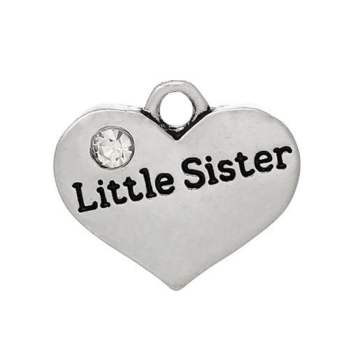 P048 - 4 pcs. Antique Silver "Little Sister" charm with rhinestone - 17mm X 14 mm