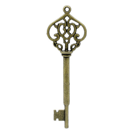 P132 - LARGE - 1 pc. Antique Bronze Filigree Keys Charms Pendants - 70mm X 22mm (2 6/8"x 7/8")