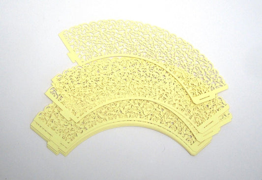 C014 - 12pcs Yellow Filigree Paper Lace Wedding Party Cupcake Cake Cups Wrappers Liners - 217mm x 52mm (8.54" x 2.05")