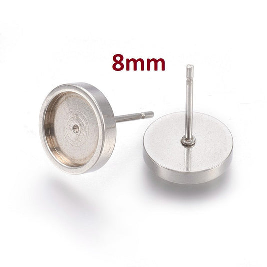 E465 - 10 pcs. 304 Stainless Steel Earring Posts Studs Settings Bezels Cabochons Tacks - 8mm Glue Pad Setting - Silver Tone - Flat Thick Bezel