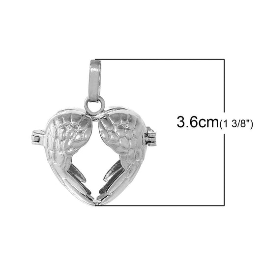 P603 - 1pc. Silver Tone Carved Mexican Angel Caller Bola Hollow Harmony Ball Wish Box Heart Wings Charms Pendants - 36 x 30mm - Made of Copper!