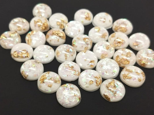 CA783 - 10 pcs Resin Round Embellishment Circle Cabochons Metal Foil White, Gold - 12mm - Multi-Color Glitter